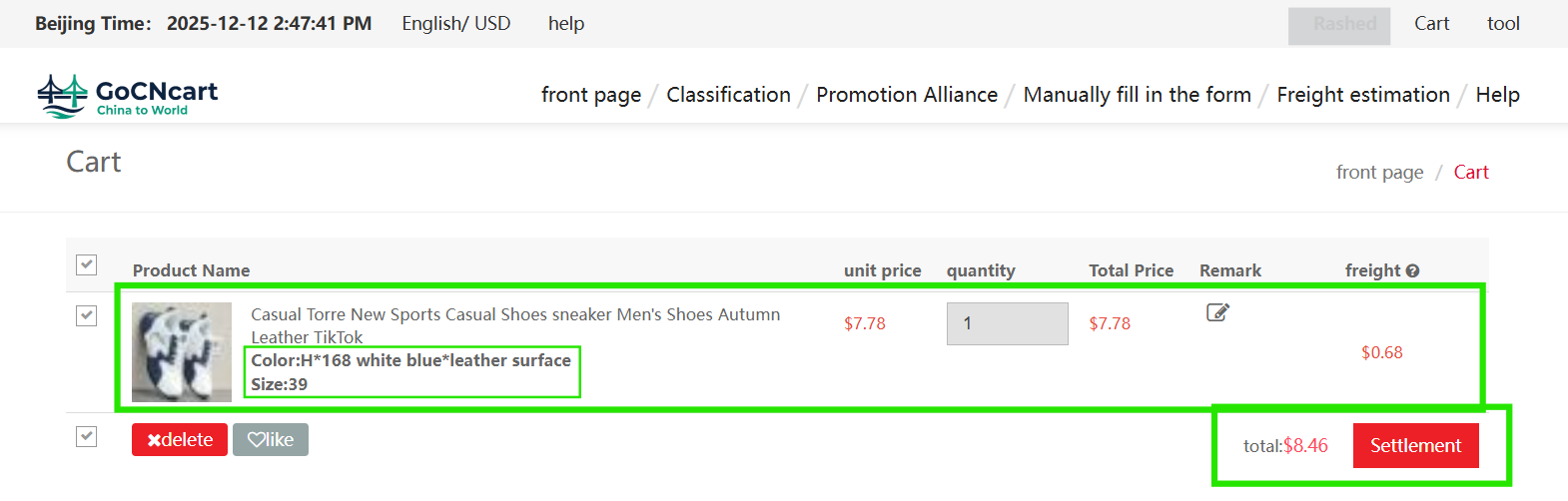 Order review — size, color, type, qty, unit price, domestic charges