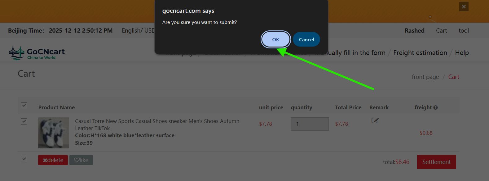 Confirmation pop‑up — click OK to continue