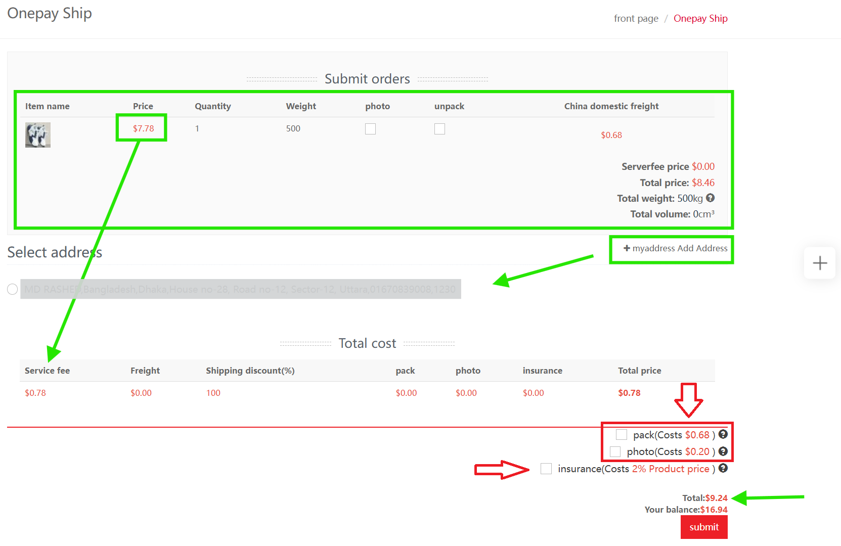 Onepay Ship — fees, options and address