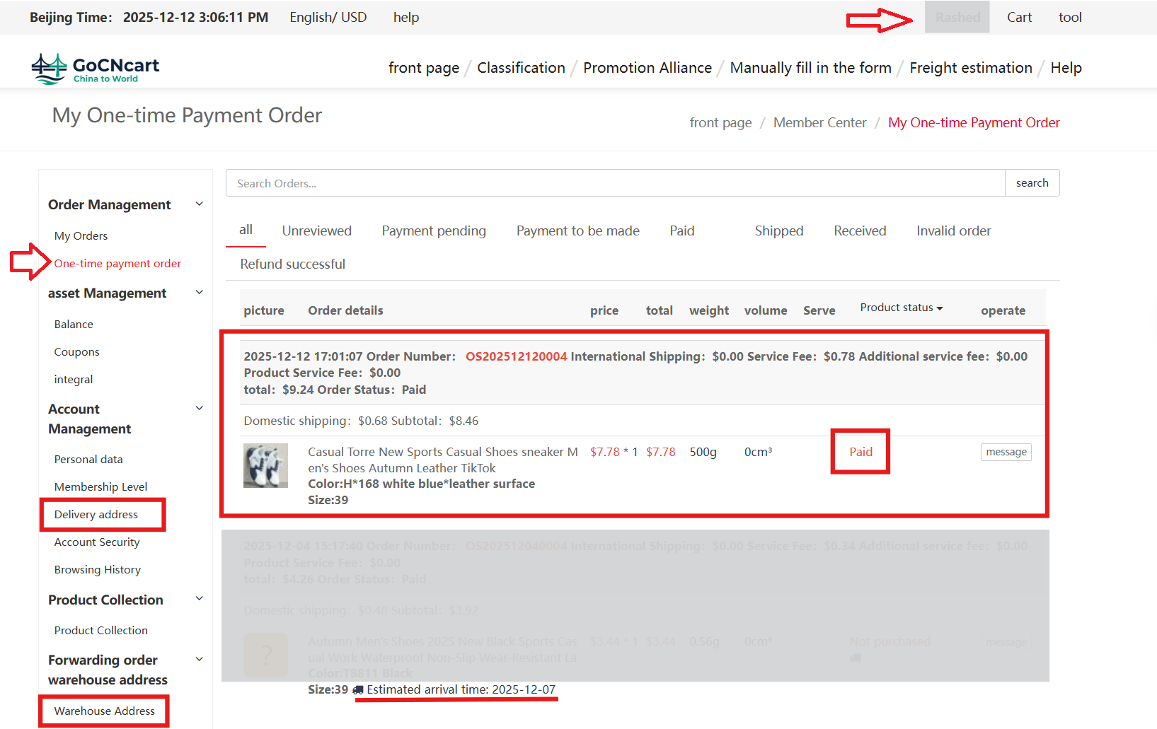 Account Settings — One‑Time Payment Orders and addresses