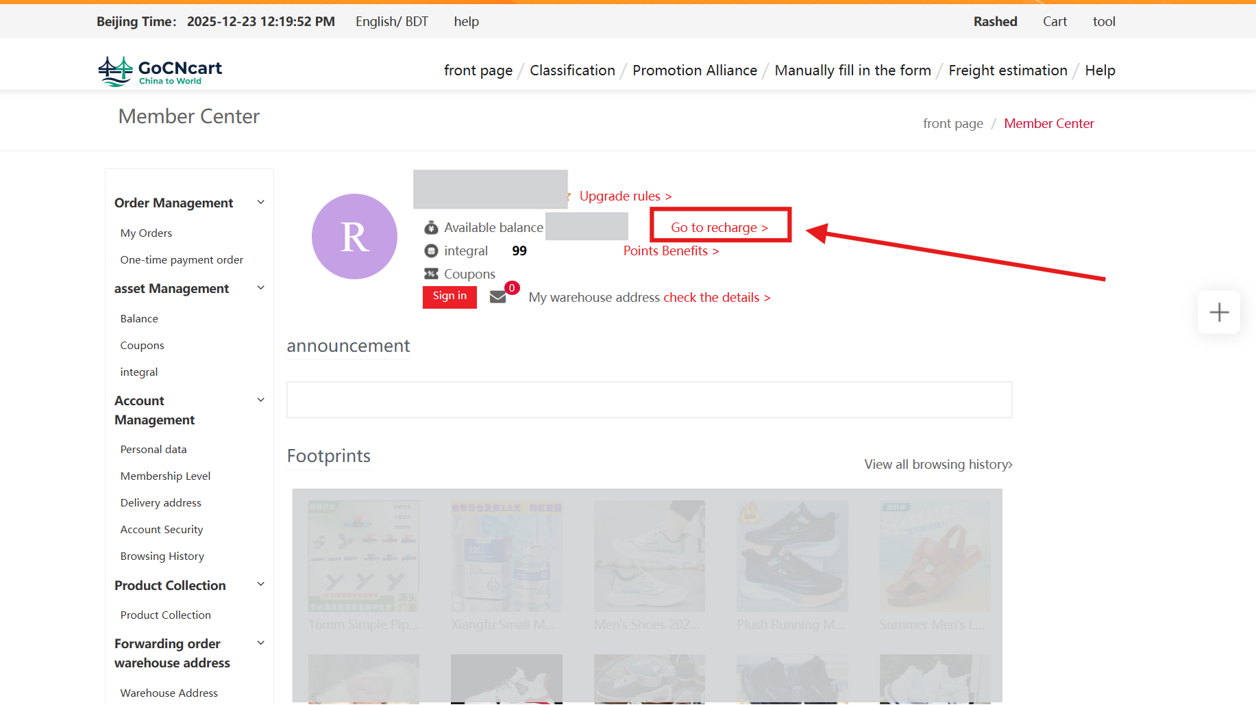 Tap the red Go to Recharge button